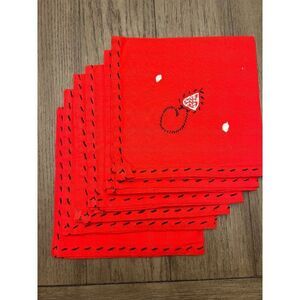 Set Of 6 Vintage Red Embroidered Cloth Napkins 15"x15" Cotton & Linen
